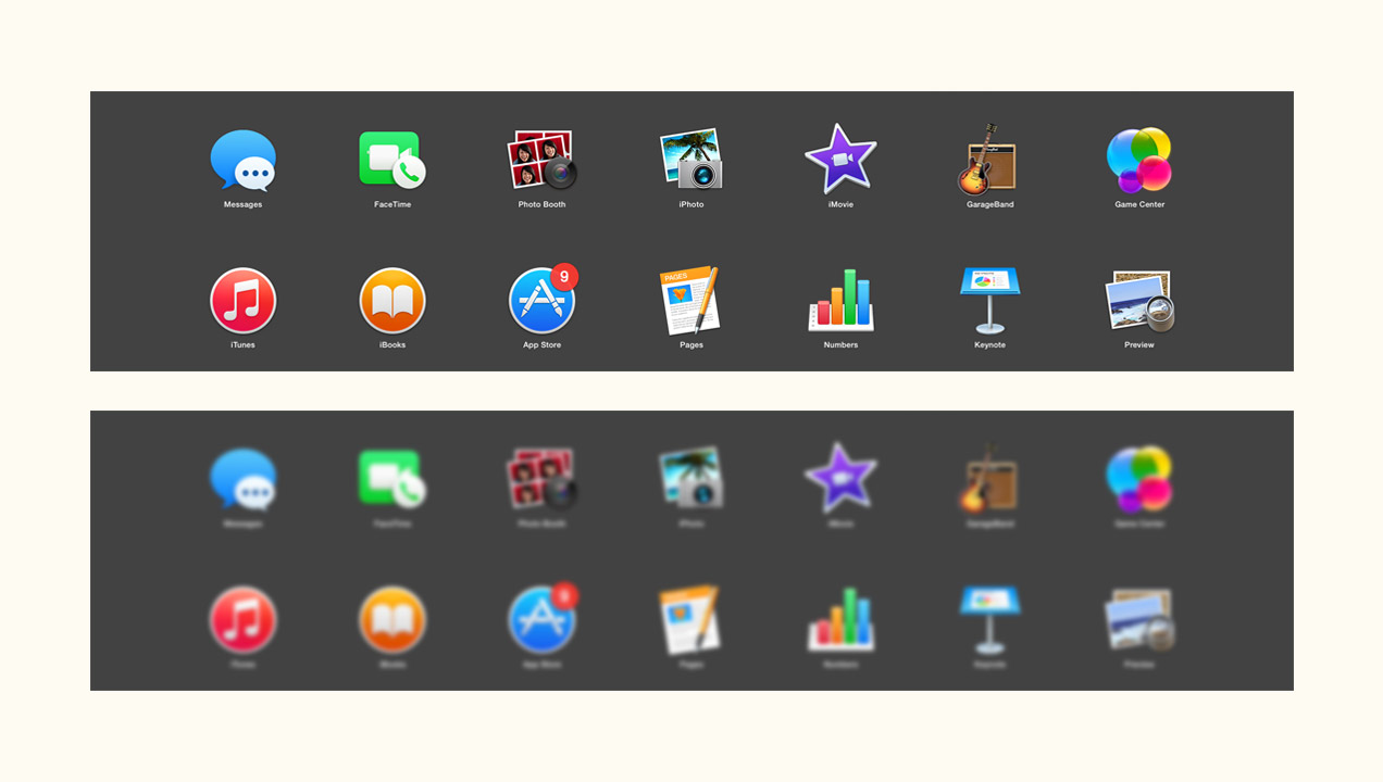 The blur test shows these toolbar icons may not be sufficiently distinctive to pick out quickly by design.