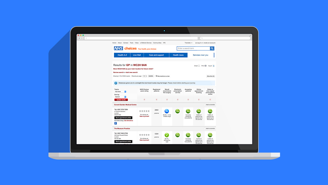 Laptop showing NHS choices website