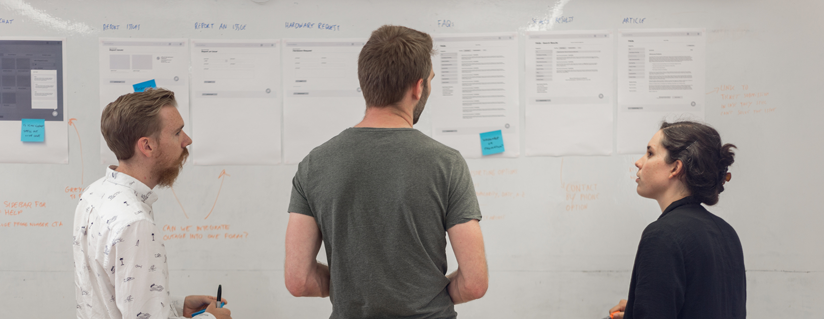 Our design team review the wireframe designs on a whiteboard