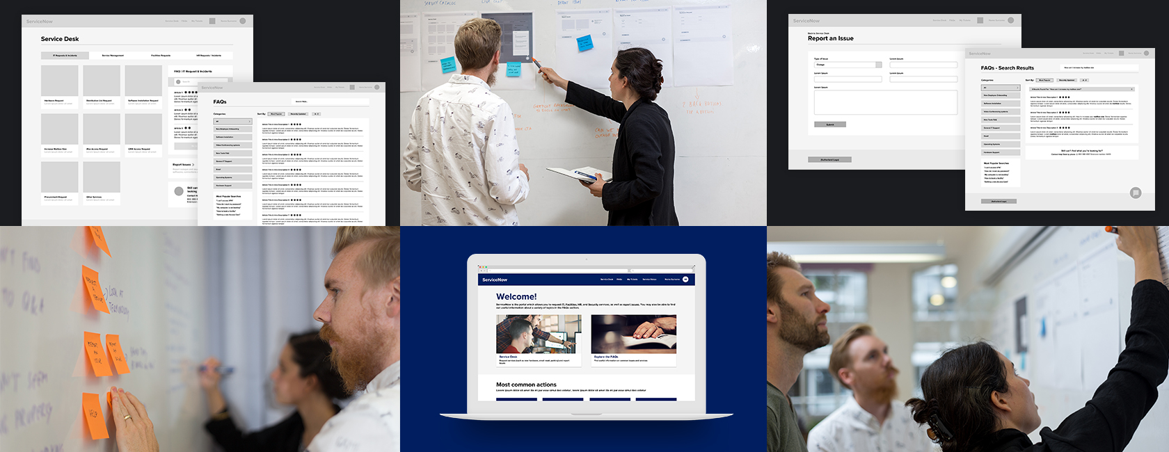 a selection of images showing our wireframes, UI, and photos of the team working on the project.