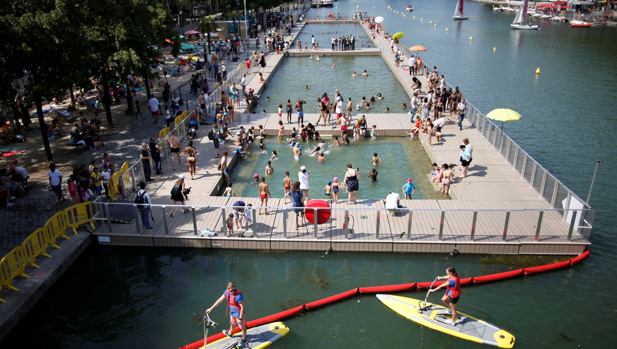 The Bassin de la Villette swimming pool on the Canal de l’Ourcq in Paris.