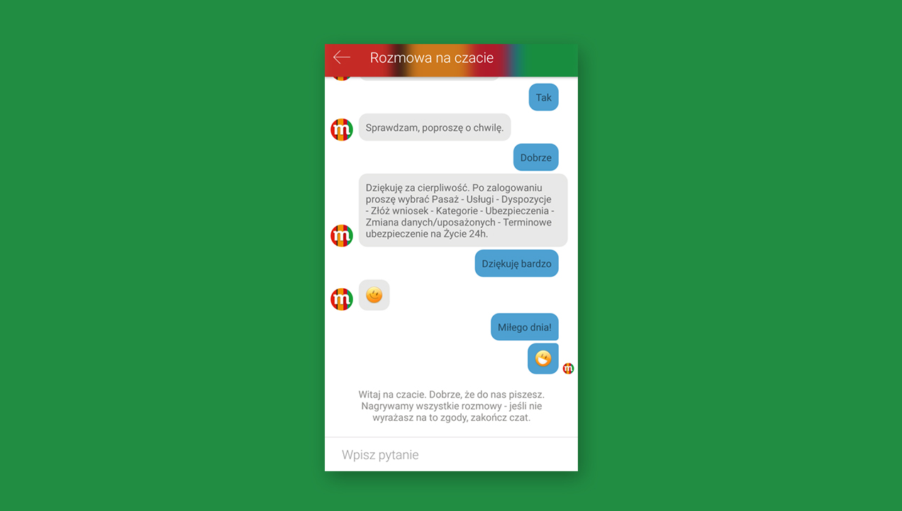 mBank in Poland provides easy access to chat support