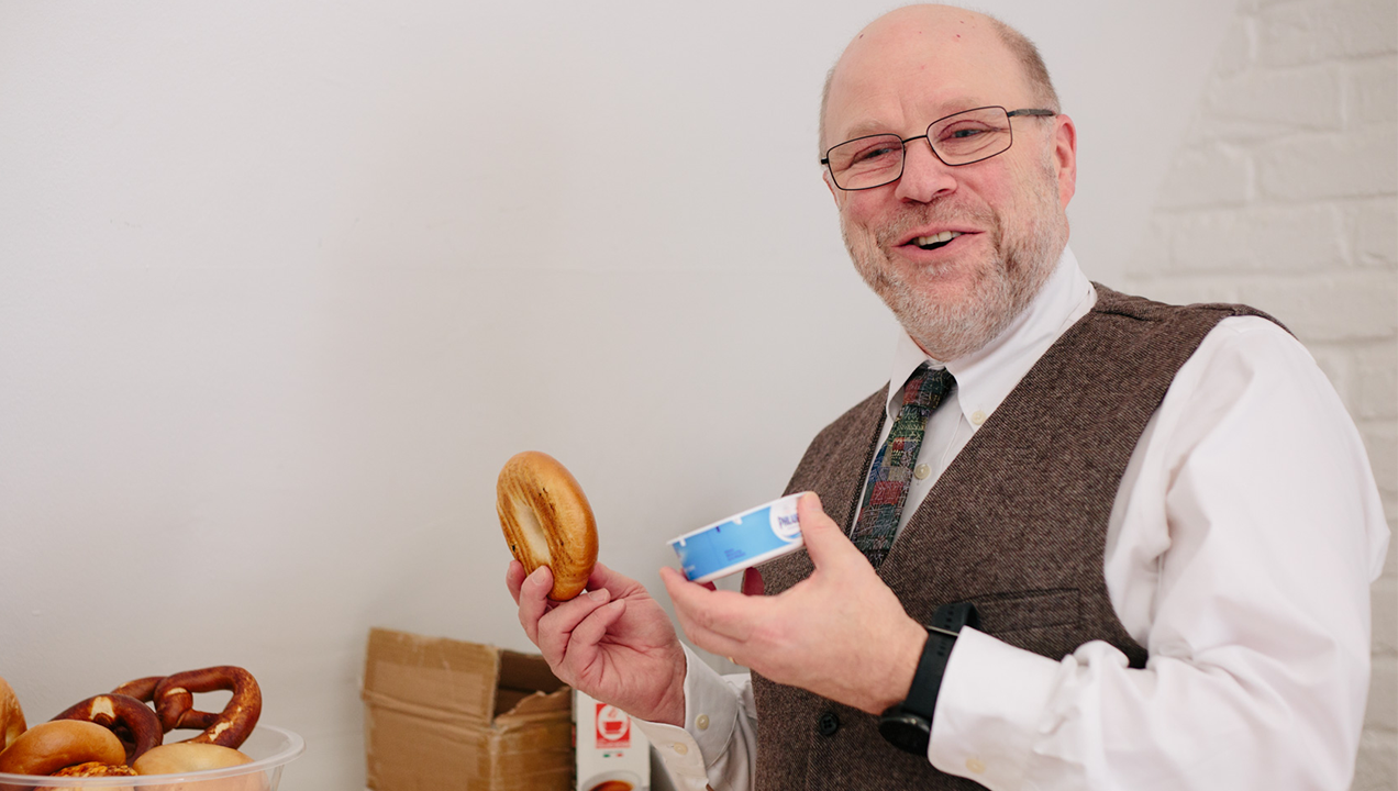 Andrew treating the London team to fresh bagels and cream cheese!