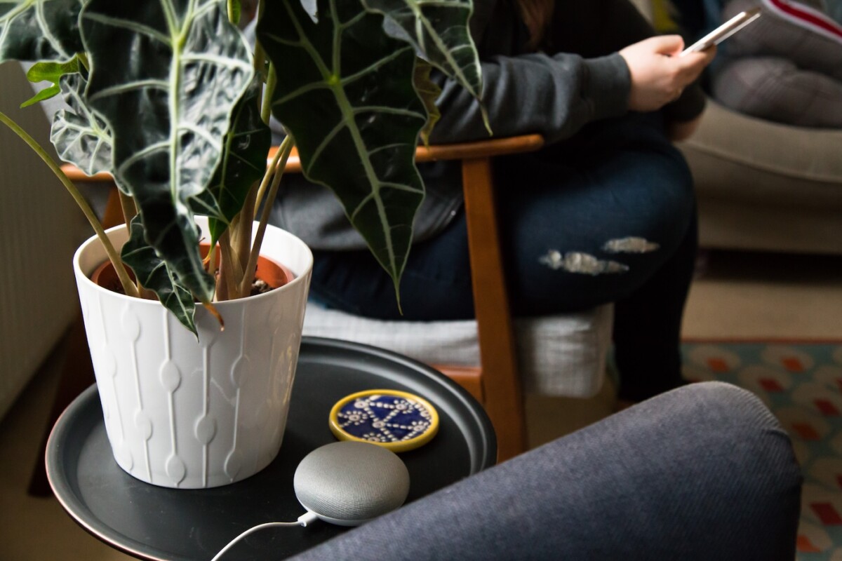 A voice device located on a coffee table in a research participants home
